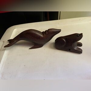 Hand-Carved Dark Wood Seal & Sea lion Figurines